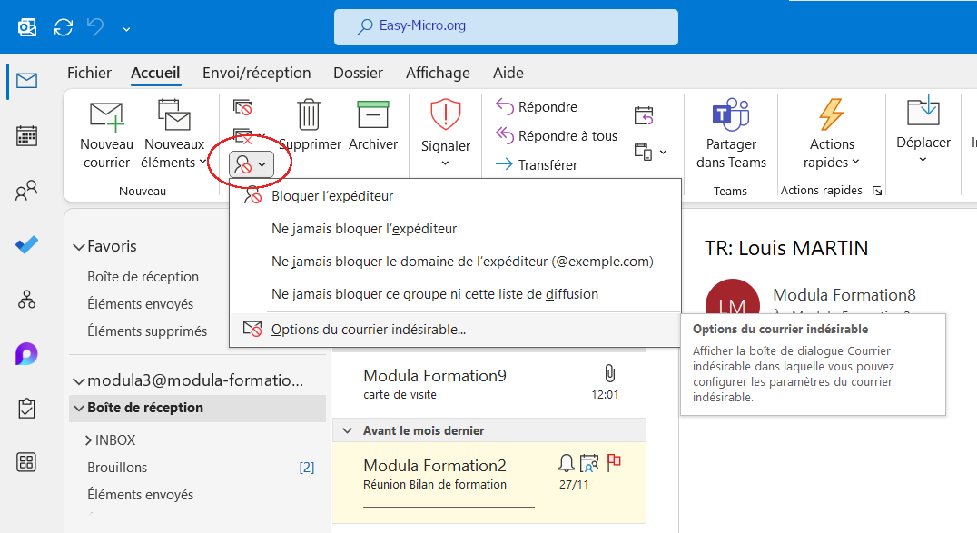 Courrier Outlook indésirable