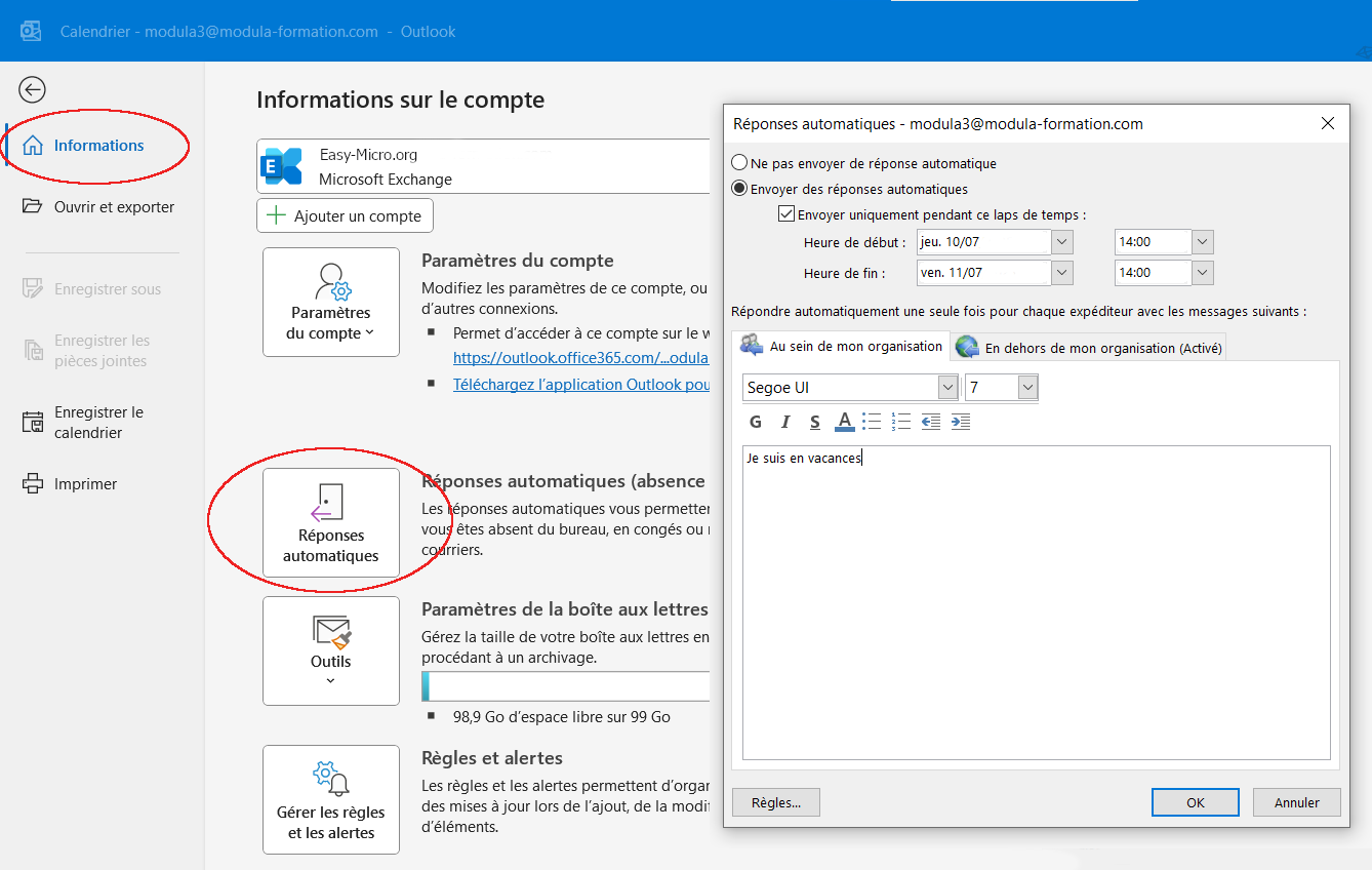 Message d'absence Outlook