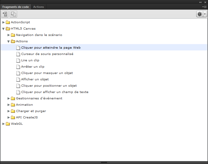 Fenêtre Flash fragments de code (Flash CC 2015)