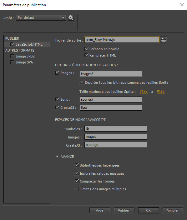 Paramètres de publication HTML5 dans Flash CC